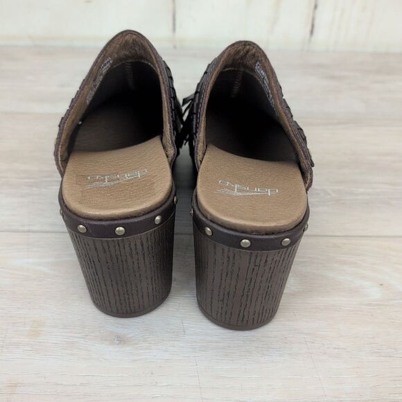 Dansko Shoes Women Size 39 Deni Fringe Slip On Clogs Heel Mule Leather Brown - Picture 4 of 9